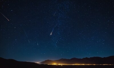Fototapeta premium Night Sky Panorama: Serene Starry Landscape with Shooting Stars