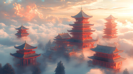 Fantasy landscape with floating red and gold temples among soft clouds