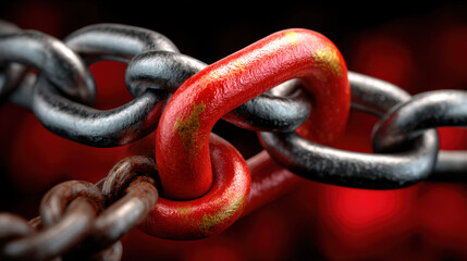 A metallic chain with a single red link stands out against a dark, blurred red background.