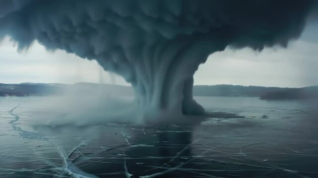 Dramatic ice eruption on a frozen lake, showcasing powerful natural forces and a moody landscape - big real tornadoes