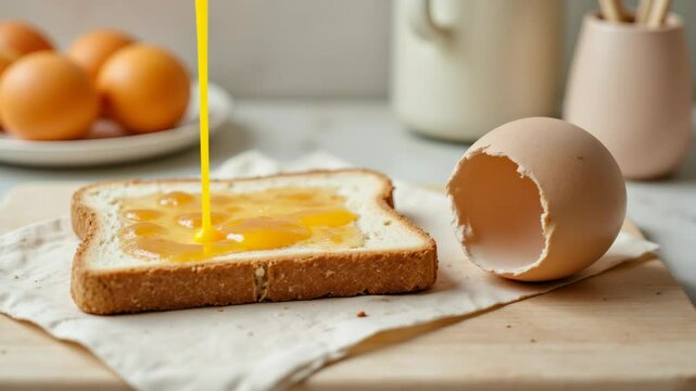 A slice of bread topped with raw egg yolk sits beside an empty eggshell on a cloth napkin.