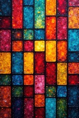 Vibrant Rectangular Mosaic of Jewel-Toned Colors with Textured Surfaces and Internal Light Variations