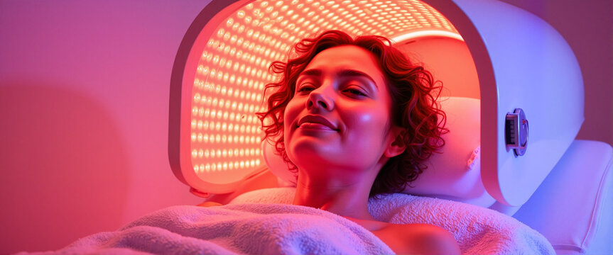 Woman enjoying a rejuvenating light therapy session in a spa  