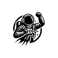 Minimalist black and white vector icon of an astronaut in a spacesuit