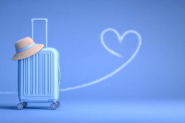 Obraz premium Travel dreams blue suitcase and sun hat against sky backdrop