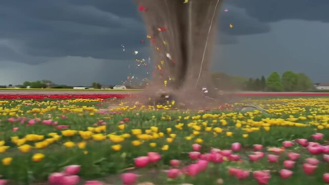 A powerful tornado emerges over a vibrant tulip field, with dark storm clouds looming in the background - big real tornadoes