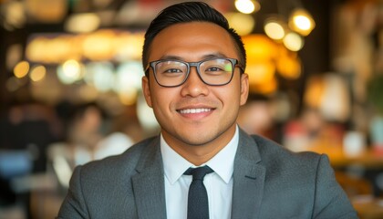 Fototapeta premium Portrait of a Confident Young Asian Businessman in Formal Wear at a Cafe, Smiling at Camera