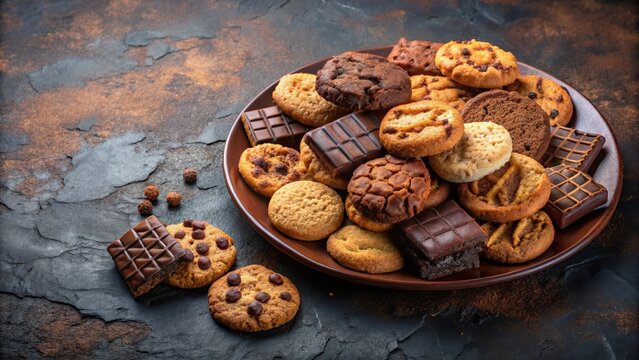 A plate of assorted cookies and brownies on a dark background with a few crumbs scattered around ,dessert,  dessert