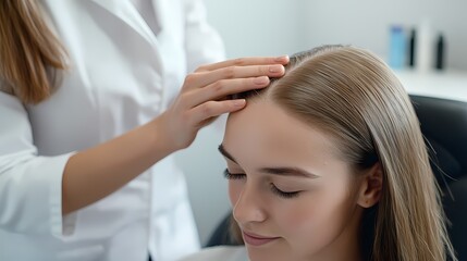 Fototapeta premium Gentle hair scalp massage relaxing treatment healthy hair care soft touch blonde hair beauty salon