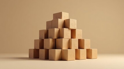 Obraz premium A Beige Pyramid Structure Composed of Multiple Uniform Cubes on a Matching Background