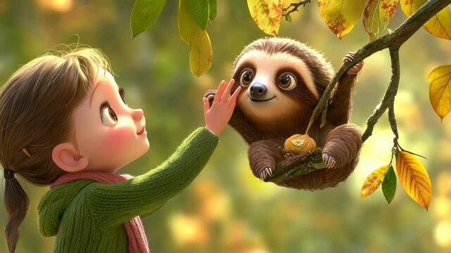 Cute girl and sloth in autumnal forest