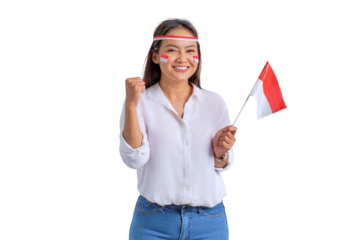 Excited young Asian woman celebrate Indonesian independence day holding the Indonesian flag isolated on transparent background