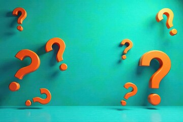 Floating Orange Question Marks Against Teal Background A Conceptual Image Representing Uncertainty and Inquiry
