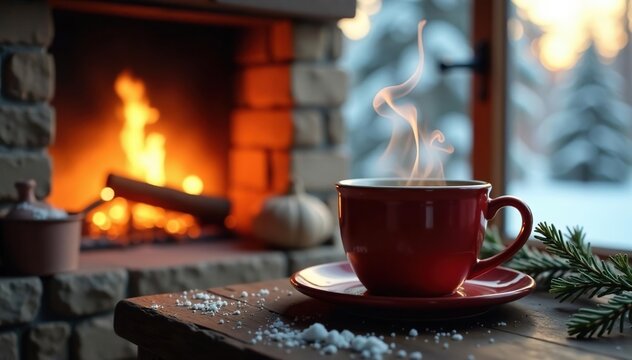 Cozy winter scene, warm fireplace, steaming mug , fireplace, greetings
