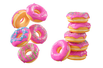 Donuts with pink fruit glaze, sprinkles, white drizzle, and dots isolated on white transparent background. 3d rendering and illustration of dessert variety