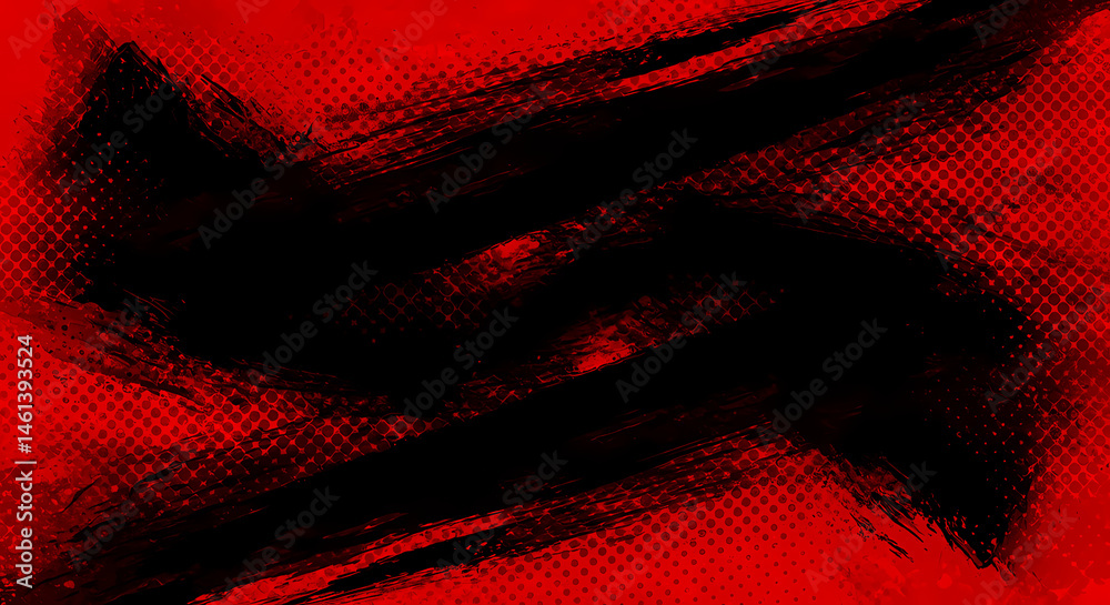 Wall mural black and red abstract background with brushstroke and halftone style