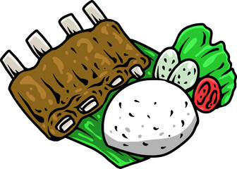 Illustration of Ribs with Rice and Vegetables