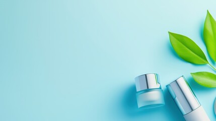 Beauty products and green leaves beautifully arranged on a powder blue backdrop for a natural powerpoint.