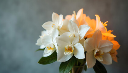 Fototapeta premium Vibrant orchid bouquet featuring white and orange blossoms against soft backdrop