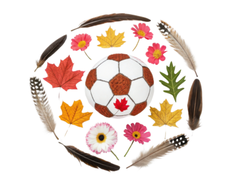 Vibrant soccer ball surrounded by colorful leaves and flowers creates beautiful scene celebrating 2026 World Cup
