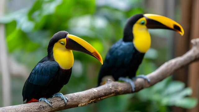 A pair of colorful toucans sit on a branch, showcasing their striking beaks against a lush green background, highlighting the vibrant biodiversity of tropical wildlife.