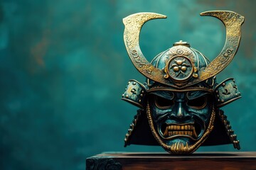 Fototapeta premium Intricate samurai helmet, detailed close-up against teal background.