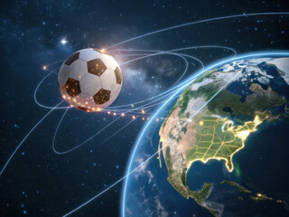 Naklejka premium Imaginative depiction of soccer ball orbiting Earth symbolizes excitement of 2026 world cup, uniting fans across globe