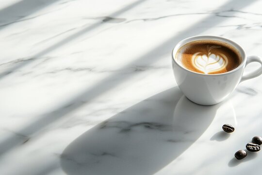 Elegant espresso cup on marble surface with coffee beans and latte art.