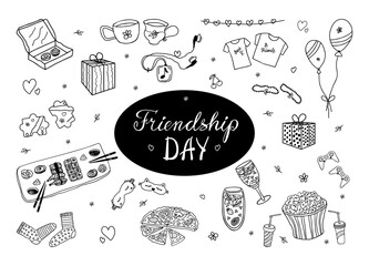 Friendship Day doodle clipart. Hand drawn doodle set of written lettering, Best Friends elements, food, drinks, party decoration, symbols of friendship, camaraderie, leisure, hobbies. 