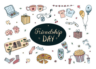 Set of Friendship Day colorful clipart. Hand drawn Friendship Day doodle cute symbols, Best Friends elements, accessories, symbols of friendship, camaraderie, leisure, hobbies for design.