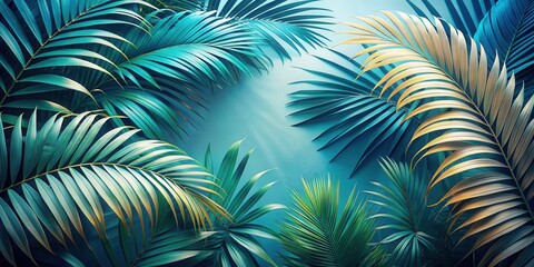Tropical palm leaves with blue faded tones, soft light and pastel colors, surrounded by natural botanical elements in a serene environment , serene background, natural