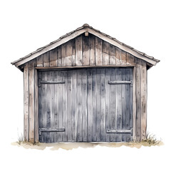 Watercolor Painting of a Wooden Garage with Gray Door on Transparent Background