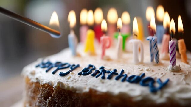 A beautifully decorated birthday cake adorned with colorful candles, symbolizing celebration and joy, inviting everyone to partake in this special moment of happiness.