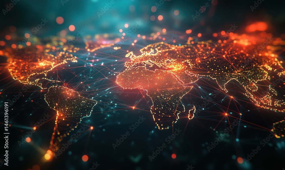 Poster global network visualization with glowing connections and data points across continents