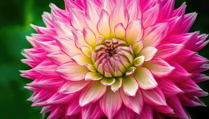 Obraz premium A macro shot of a pink and yellow dahlia flower with intricate petal details.