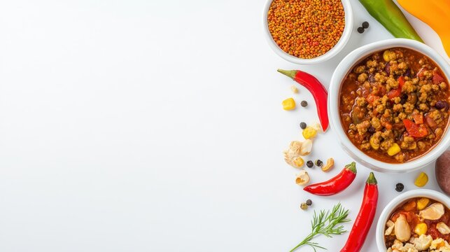 Chili toppings arranged on a white powerpoint background offe ample copy space for presentations now please.