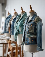 Fototapeta premium Circular economy in fashion and design. Blue Denim Jackets on Mannequins in a Fashion Studio