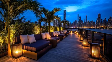 Obraz premium Rooftop lounge with city skyline and atmospheric lighting at dusk