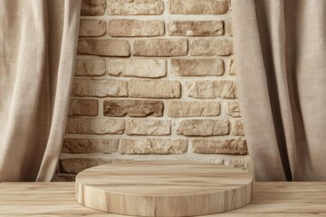 Display Product on Wooden Platform with Brick Wall and Elegant Curtain Aesthetic