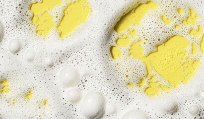 Yellow liquid and white foam mixture, creating bubbles and textures