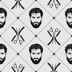 Barbershop seamless pattern with hipster face, hairdressing scissors and razor. Vector illustration