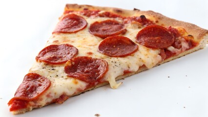 Slice of Pepperoni Pizza with Melted Cheese and Black Pepper Garnish on White Background

