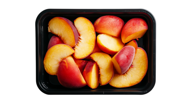 Png of Freshly sliced peaches in a black container, showcasing vibrant yellow and red hues, perfect for healthy snacking.