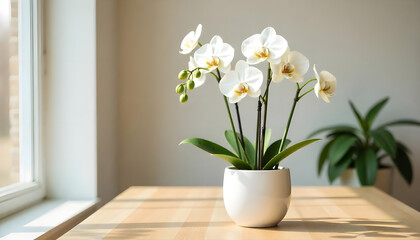 White orchid plant in pot on wooden table with window light