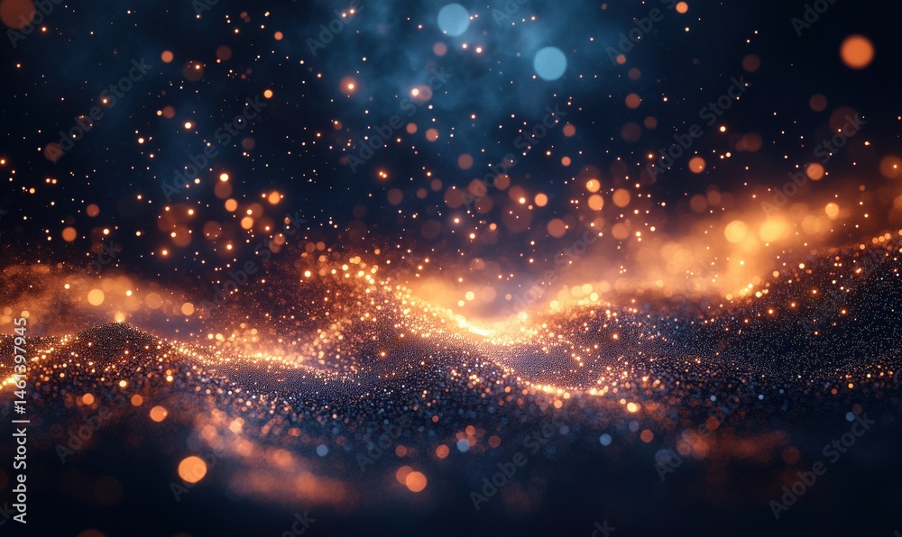 Poster abstract glowing particles creating mesmerizing wave patterns in dark background