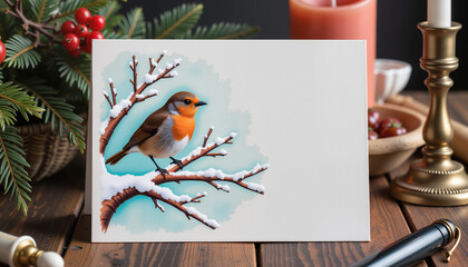 Winter Robin perched on snowy branch with festive decor  