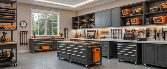 Well organized modern workshop with tools and storage featuring orange power tools