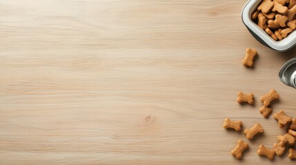 Fototapeta premium Dog food presentation backdrop showcasing bone shaped kibble scattered on a light wood grain table space.