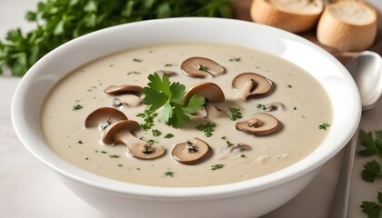 A warm and inviting bowl of creamy mushroom soup, beautifully garnished and ready to enjoy.