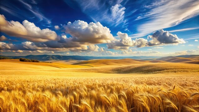Golden wheat field with a bright blue sky and fluffy white clouds, set against a stunning backdrop of rolling hills and wildflowers , golden wheat field, countryside
